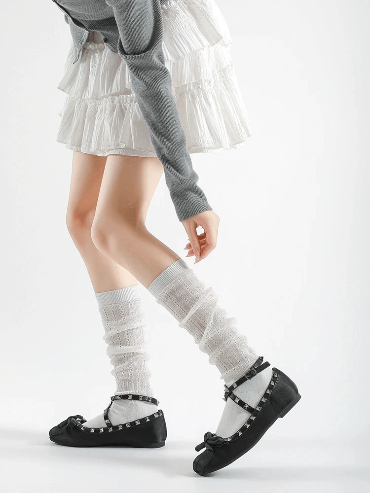 芭蕾风袜子女长筒袜夏季网眼薄款白色堆堆袜夏天配裙子中筒小腿袜