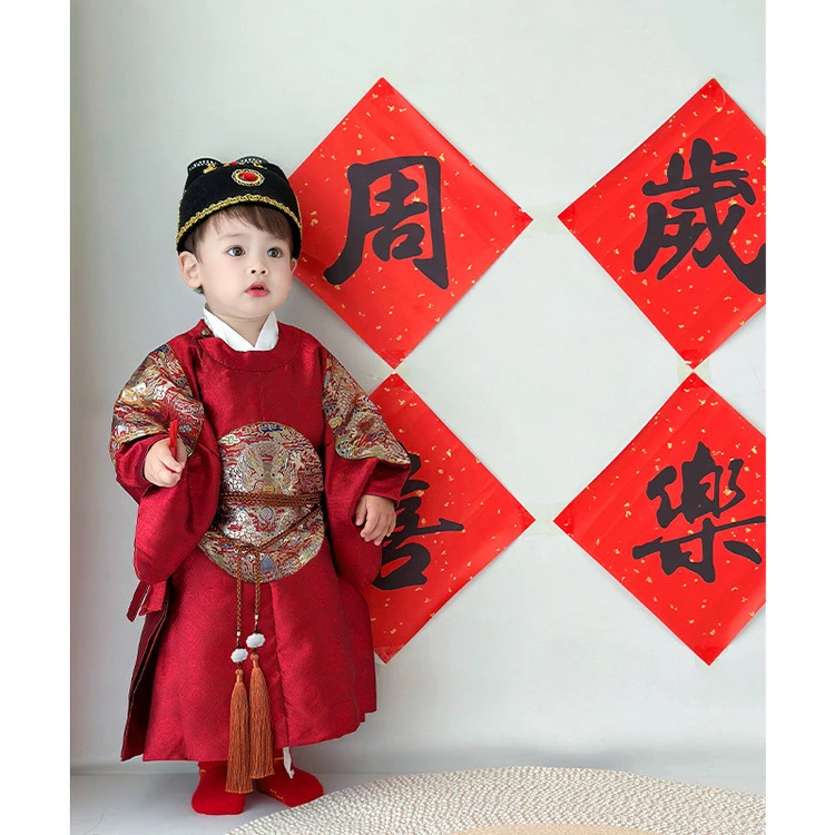 周岁礼服儿童中式唐装生日抓周明制汉服中国风男宝宝表演红色龙袍