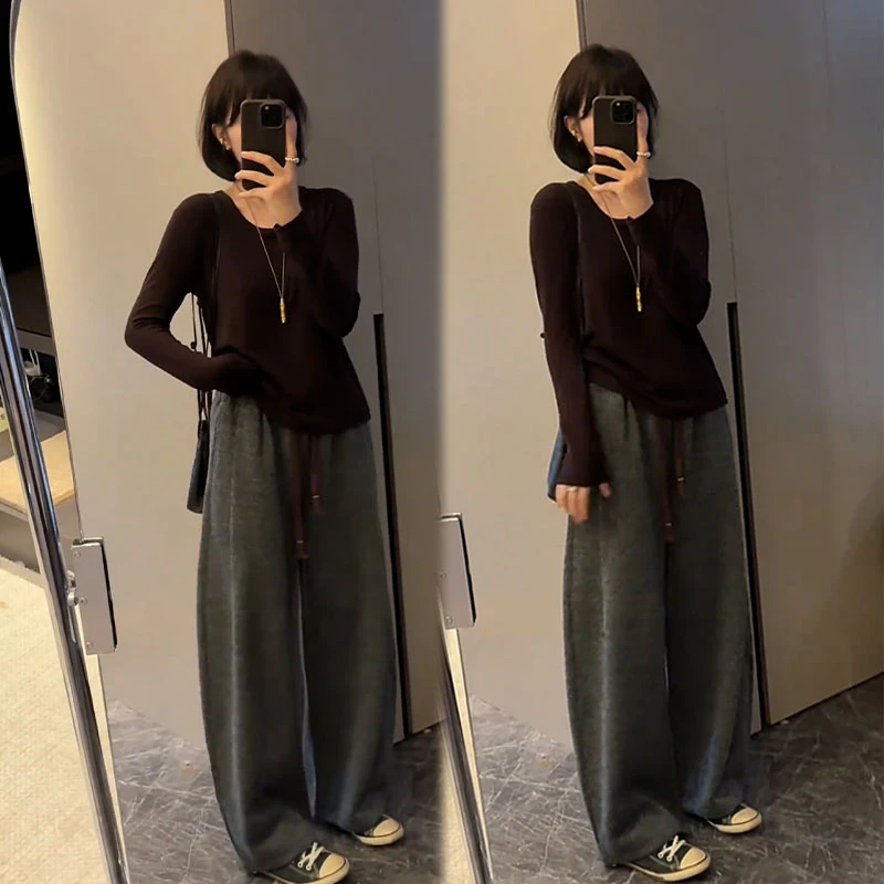 2025秋季新款设计感慵懒风修身显瘦长袖圆领上衣女休闲裤两件套装