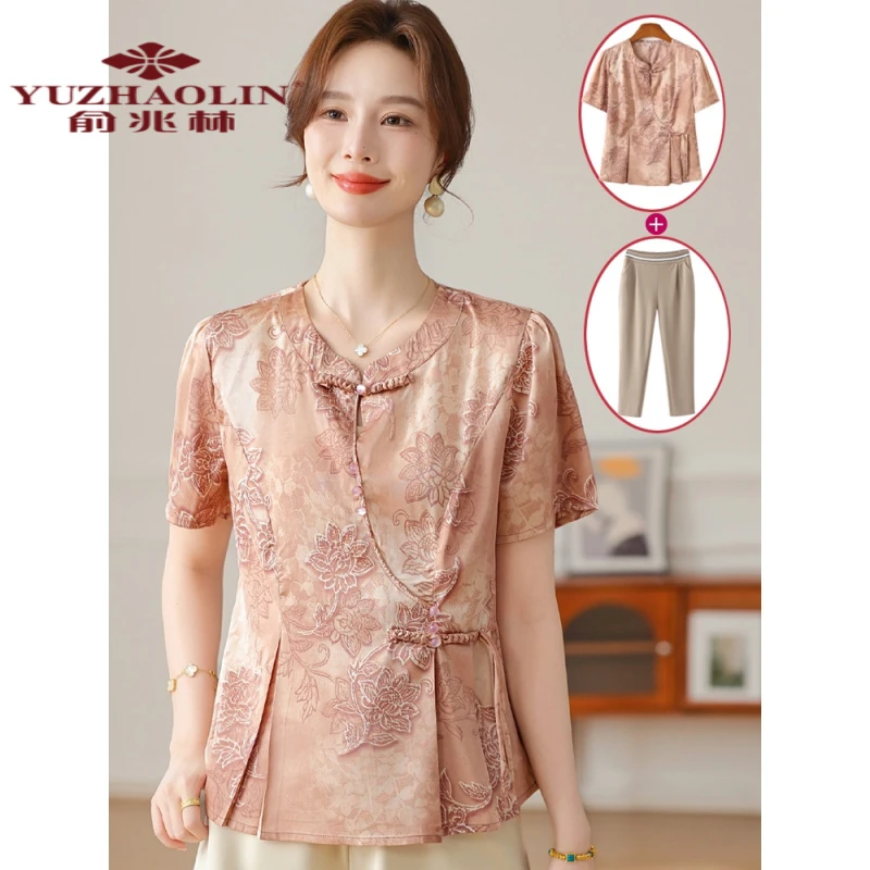 俞兆林妈妈夏装国风套装2025新款中老年女洋气雪纺小衫阔太太上衣
