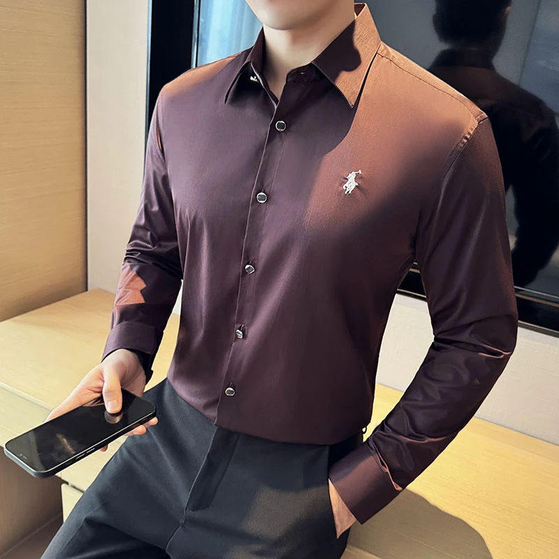 CATIA SELI高级感商务休闲刺绣衬衫男士秋季新款无痕免烫长袖衬衣