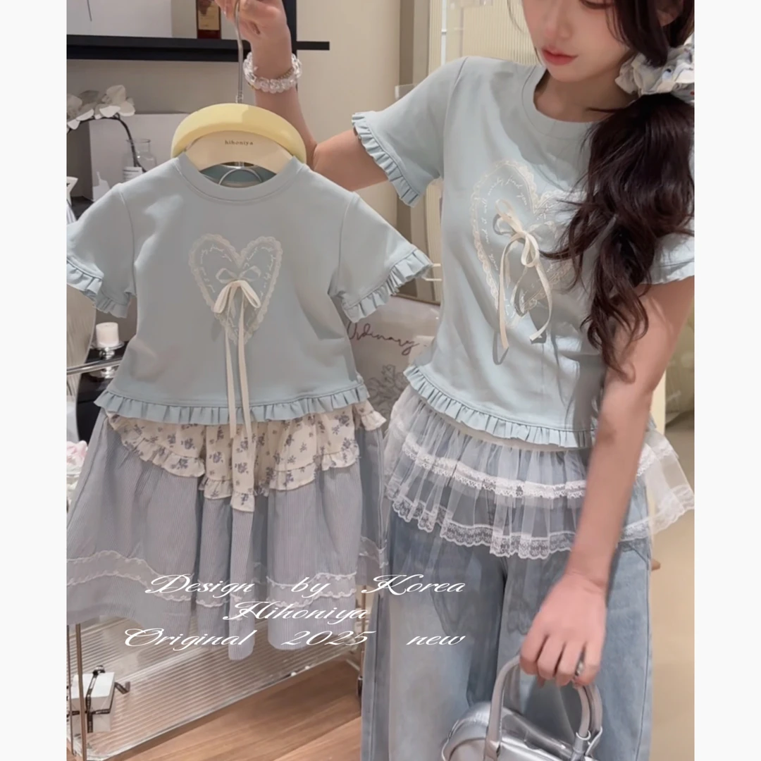 【蓝色心情】五Hihoniya~2025春季亲子款欧若风爱心韩版短袖