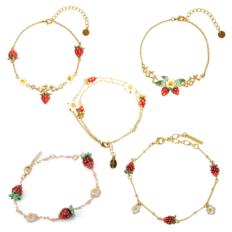 铜合金珐琅手链 蒂梵克甜蜜草莓手链手绘珐琅釉草莓ins风小红书款