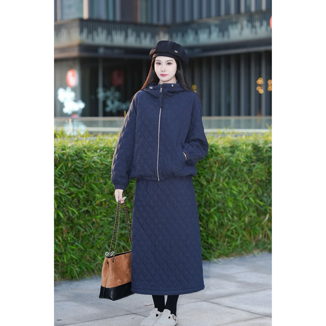 【佳欣】毛呢加厚加绒休闲风套装连衣裙时尚套装中长款卫衣