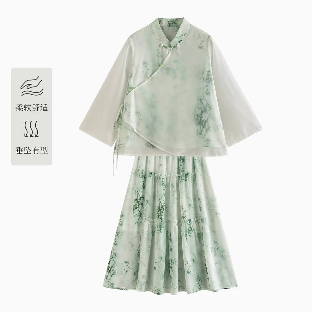 【黄蓉专属】茵曼新中式五分袖套装斜襟拼接立领衬衫F18438246