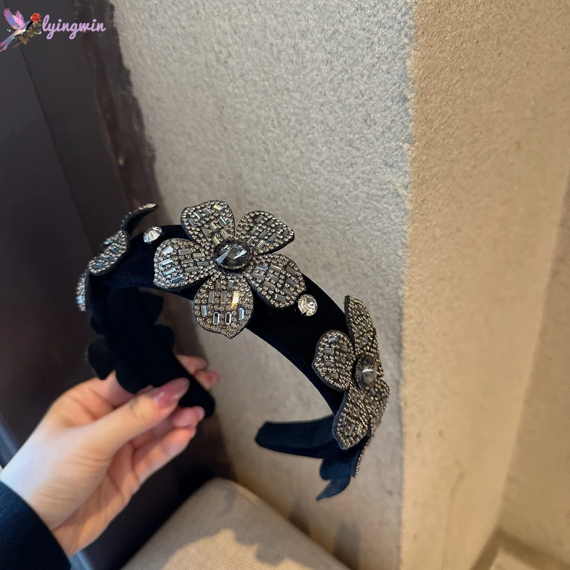 轻奢重工黑色丝绒满钻花朵宽边发箍淑女气质时尚高颅顶头箍压发卡
