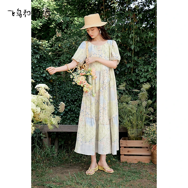 飞鸟和新酒分割印花连衣裙女2025夏季新款连衣裙FD53182099