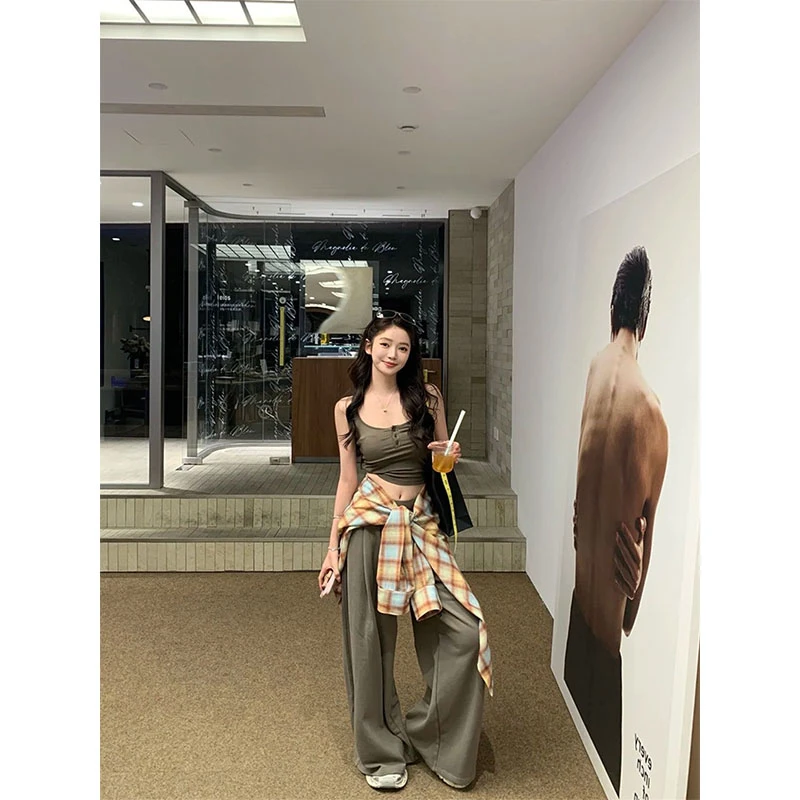 夏季新款显瘦吊带内搭修身设计感格纹衬衫上衣休闲简约宽松长裤女