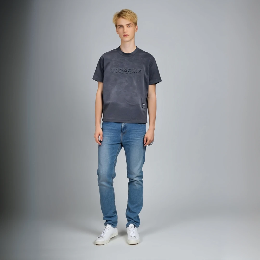 2025百搭新款时尚感男士短袖T恤凹凸印花字母扎染半袖休闲体恤衫