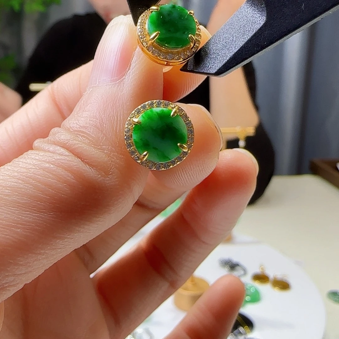 翡翠耳饰银S925镶嵌天然缅甸