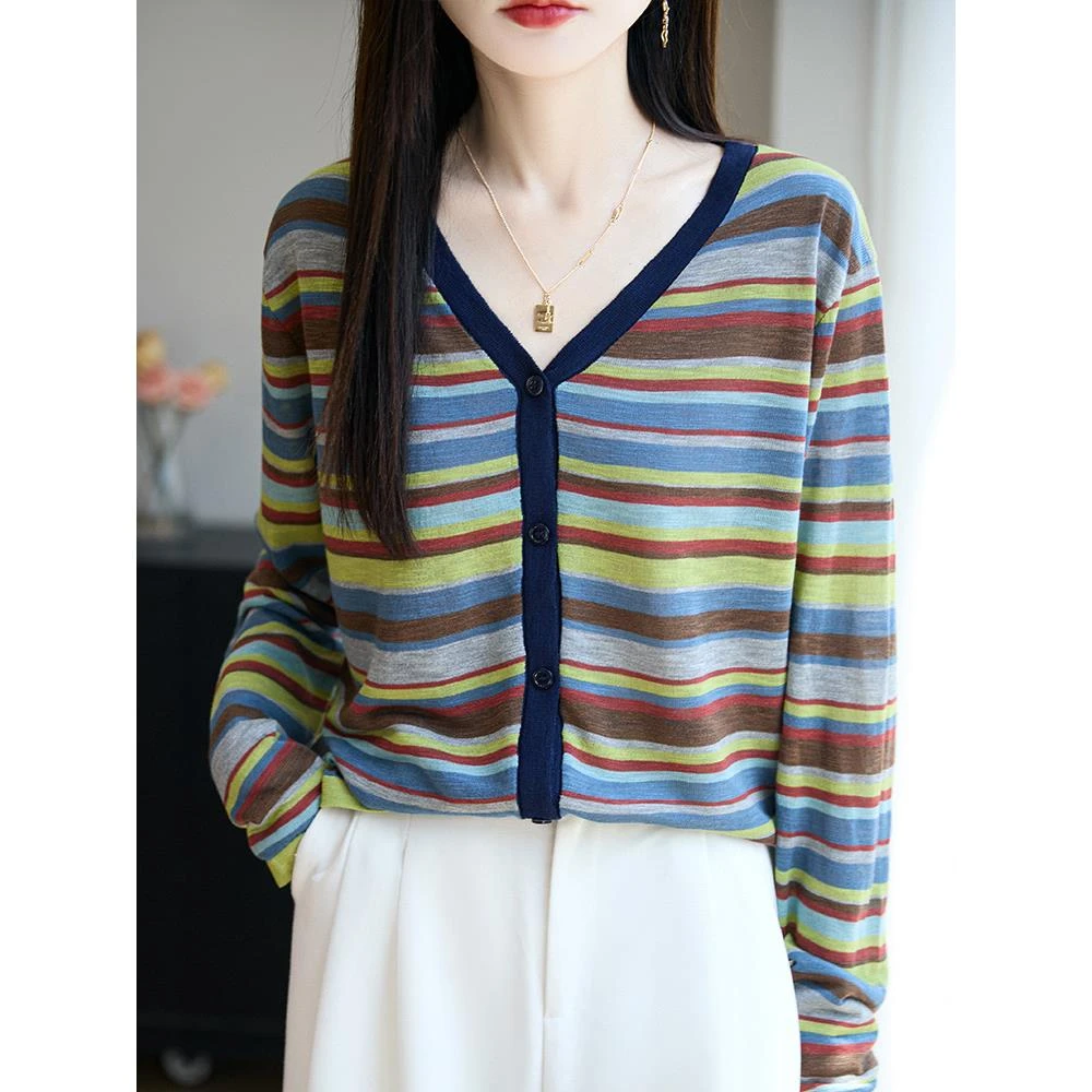 V领拼色竹节麻针织长袖假开衫女条纹拼色圆领毛衣宽松休闲打底T恤