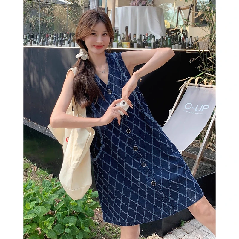 法式复古格子牛仔连衣裙女2025夏季新款小个子韩系甜美休闲背心裙