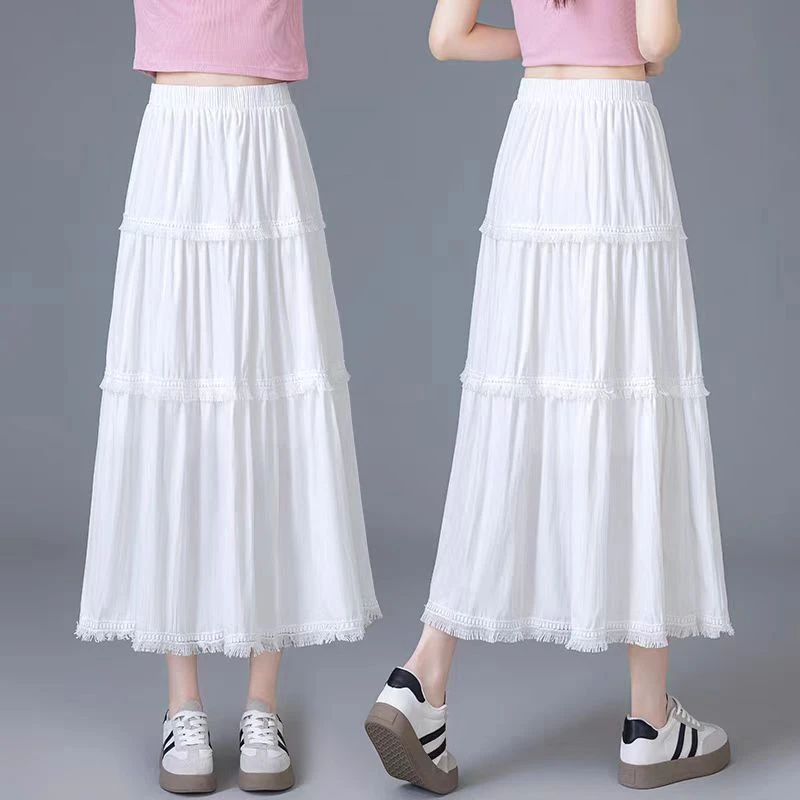 白色半身裙女2025夏季新款高腰花边拼接蛋糕裙中长款a字百褶裙子