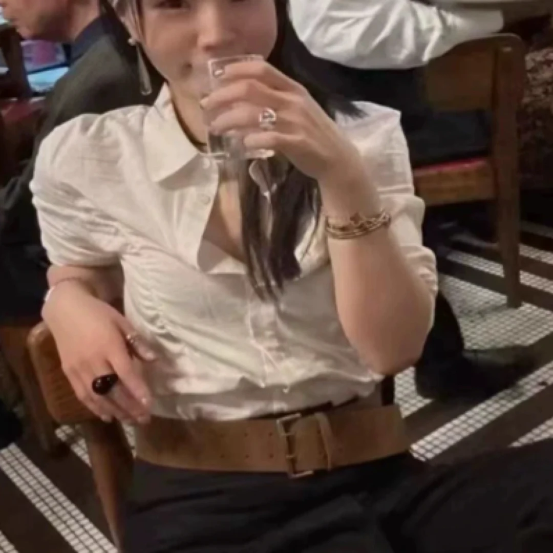 韩国东大门代购2025春新款 女mohhe抽褶修身净版翻领长袖衬衫