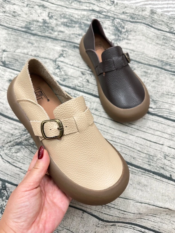 复古牛皮圆头卡扣休闲厚底女鞋