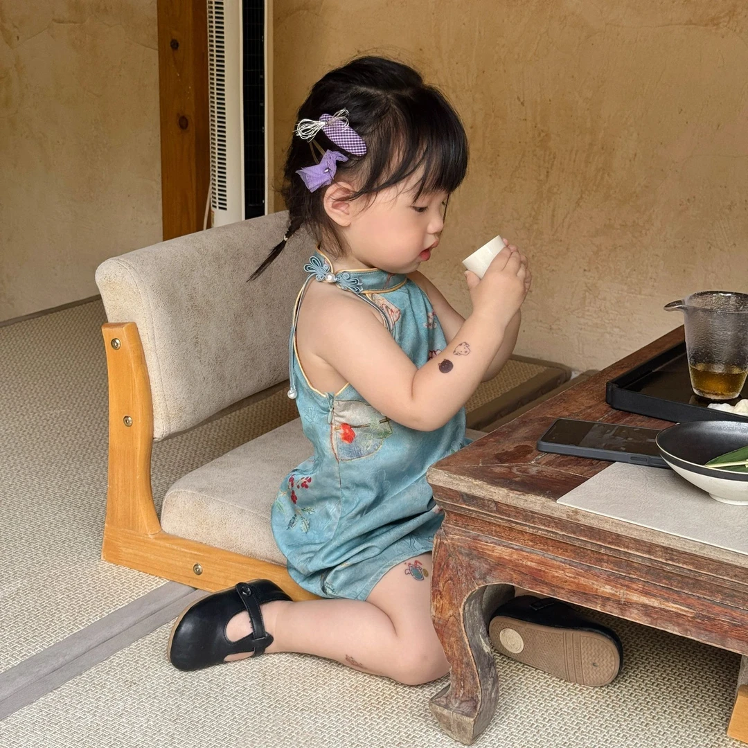 壹妈童装女童新中式旗袍裙2025夏季儿童中国风蓝色碎花挂脖连衣裙