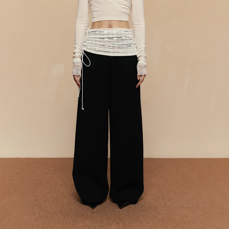 ACOSEY 24AW假两件中低腰阔腿蕾丝贴边拼接腰头直筒阔腿裤 K979