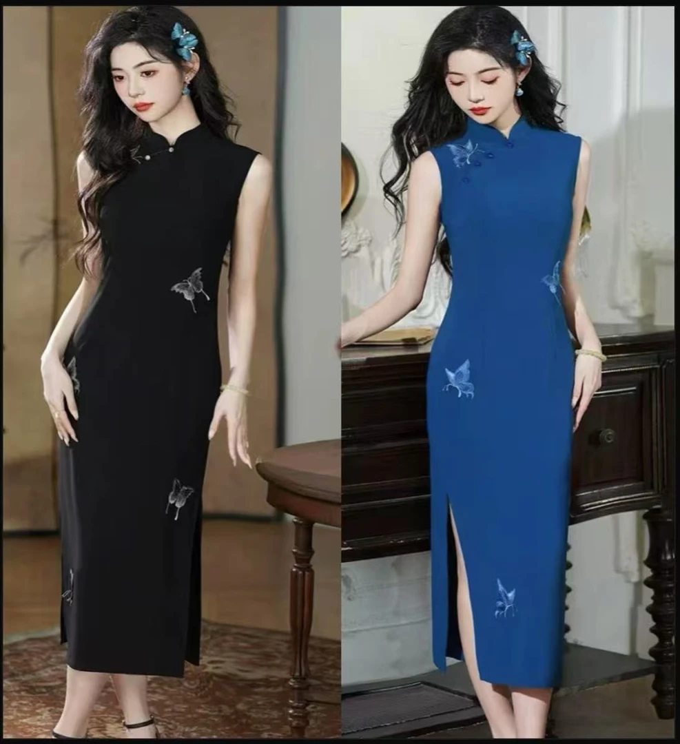 LJQ佳夏季蝴蝶气质显瘦长款时尚中国风日常新中式无袖旗袍