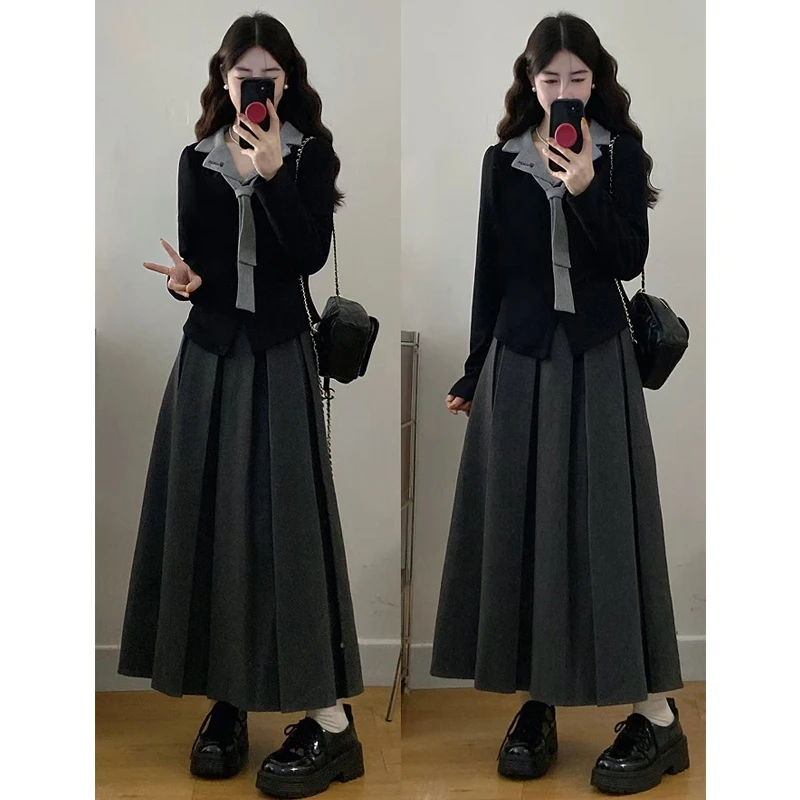 大码胖mm女装韩版显瘦假两件翻领刺绣上衣+百褶长裙两件套套装女