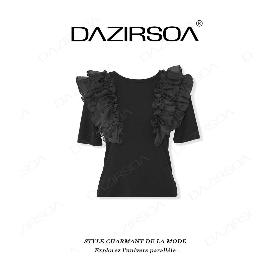 DAZIRSOA/达姿“浪漫佳期”时尚百搭拼接网纱花边洋气短袖上衣 X831