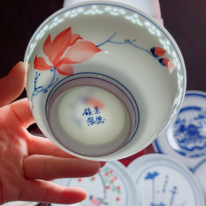 青花玲珑5寸饭碗手绘玉兰花无鸟