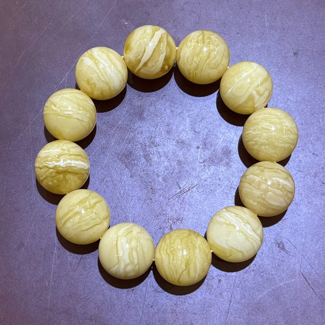 琥珀白花蜜蜡虎皮纹圆珠手串，18m+，43.28g，天然原矿保真