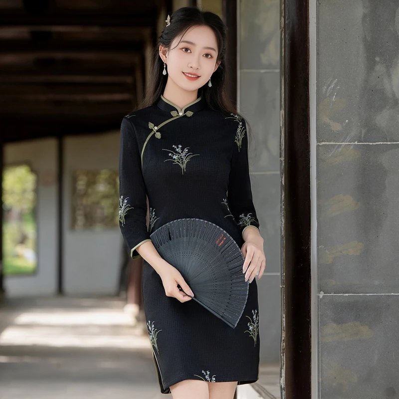 119-黑色旗袍新中式改良年轻款少女短款连衣裙2025春秋季新款