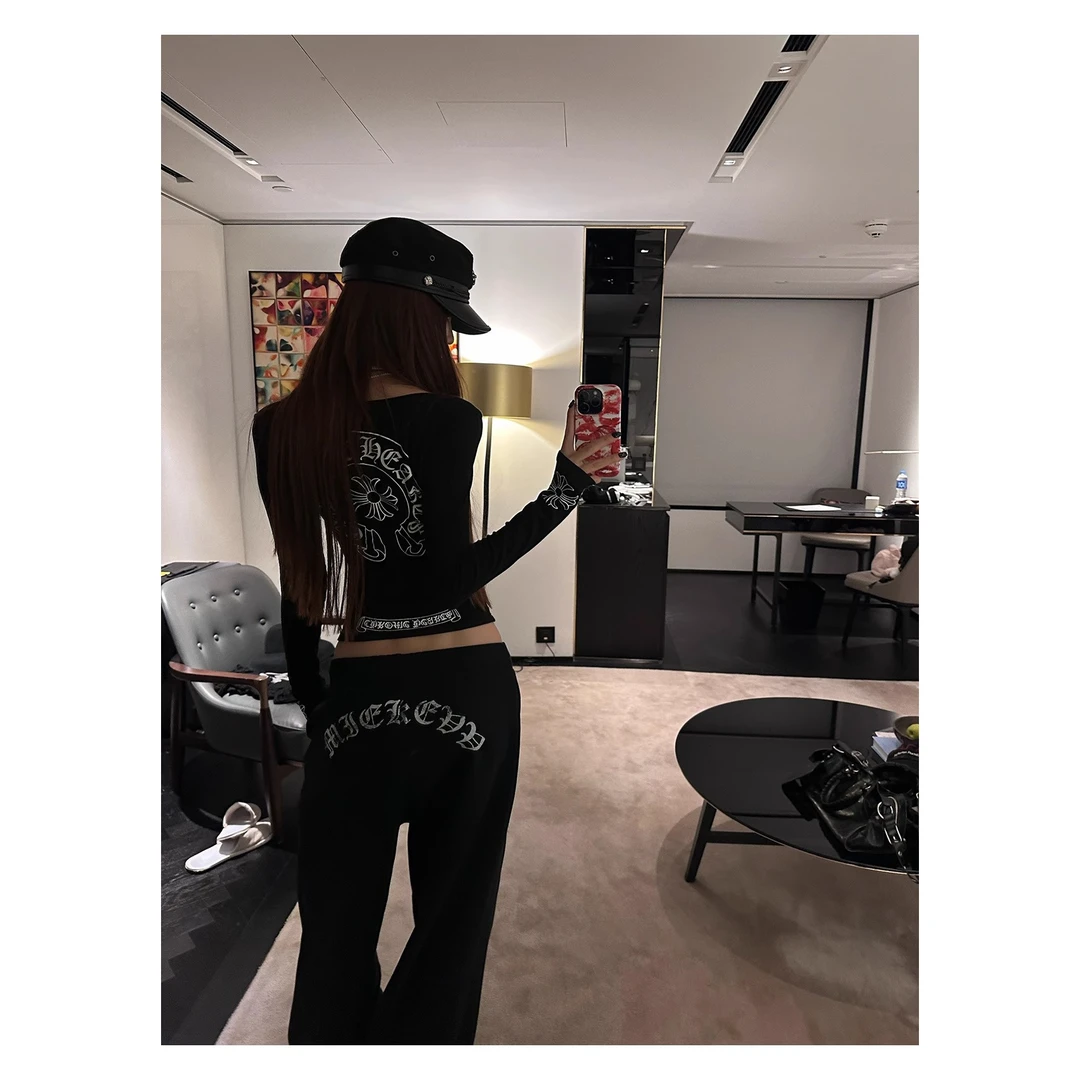 美式辣妹黑色休闲阔腿裤女宽松秋冬印花直筒裤显瘦加绒加厚拖地裤