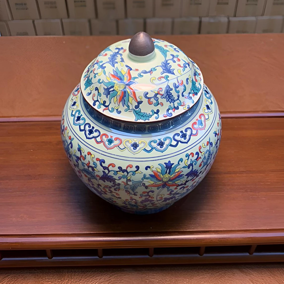 陶瓷初彩缠枝莲茶叶罐将军罐密封防潮124