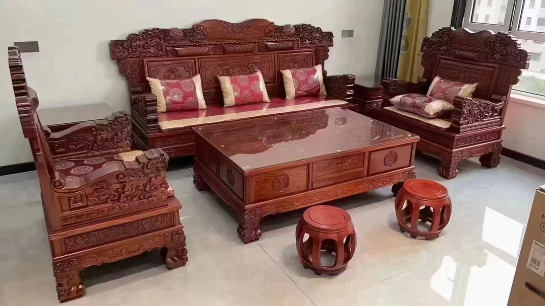 老榆木仿古雕花沙发，大款113貔貅沙发六件套，不包邮