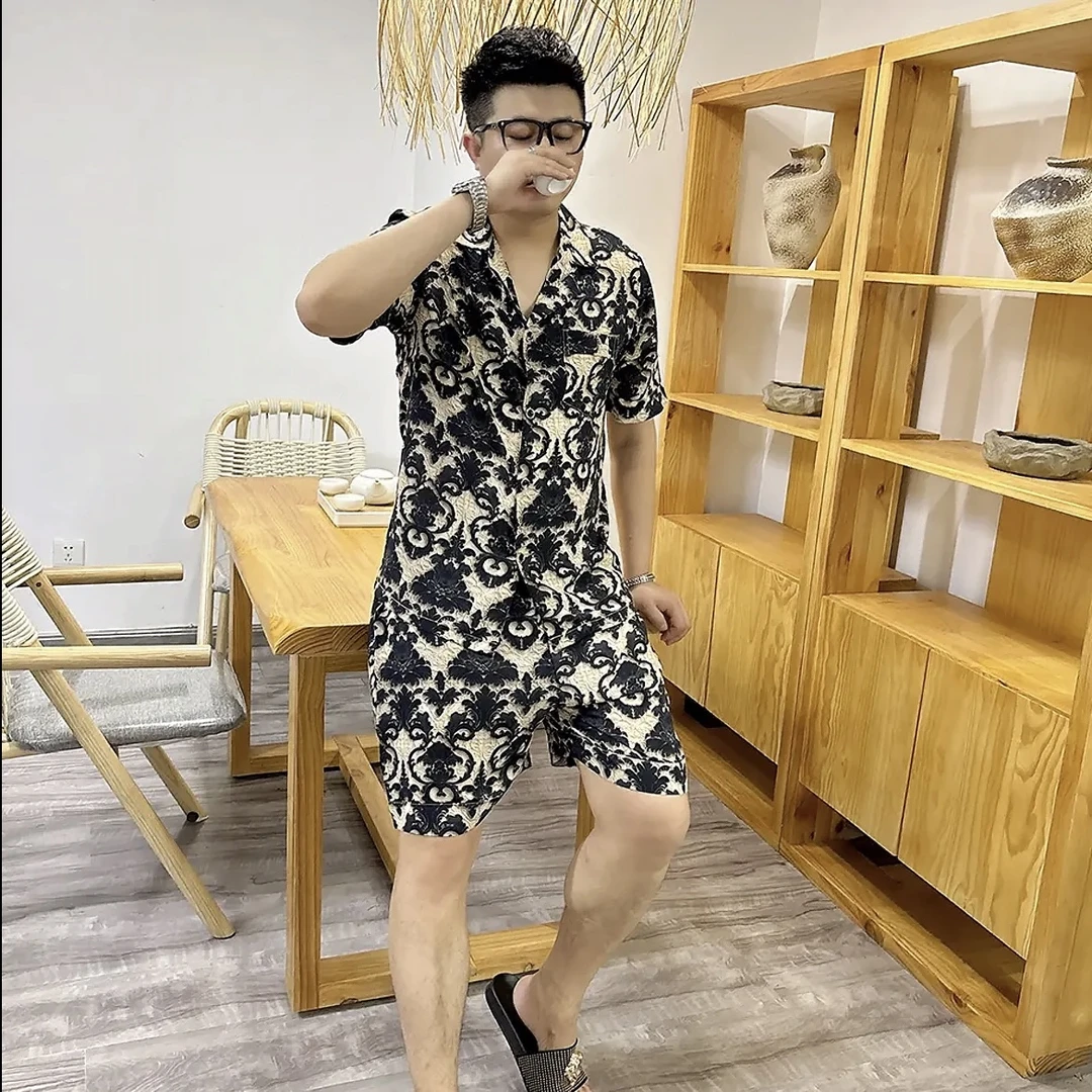 夏季新款男士冰丝套装休闲时尚衬衫短袖薄款宽松潮流五分短裤欧花