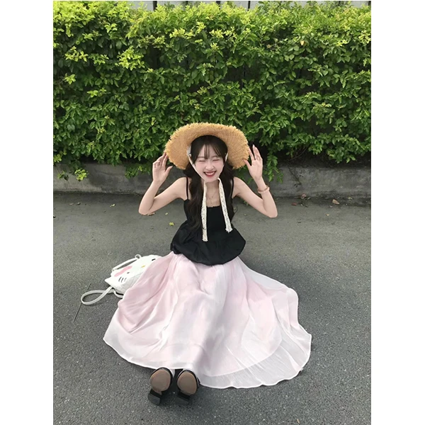 甜美风套装无袖吊带背心女夏季粉色高腰百搭飘逸甜美半身裙两件套