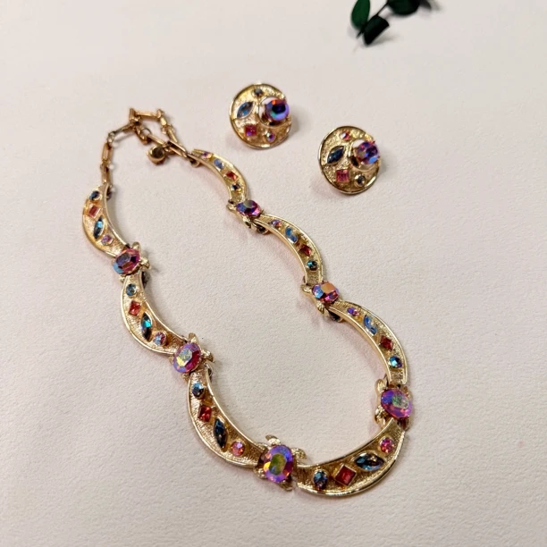 铜合金合成锆石项链 【六六中古】孤品项链耳夹套装th6972链长41