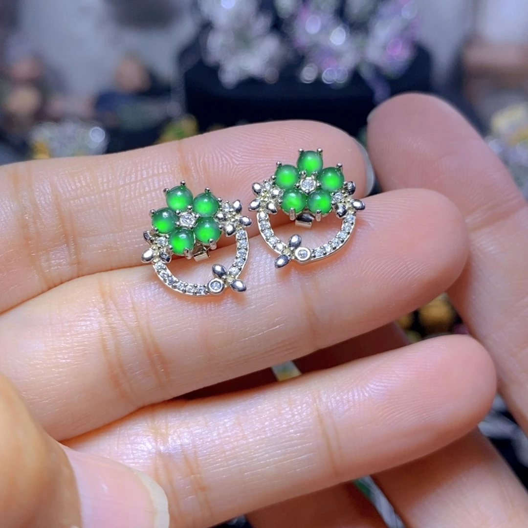 翡翠银S925镶嵌耳饰天然翡翠