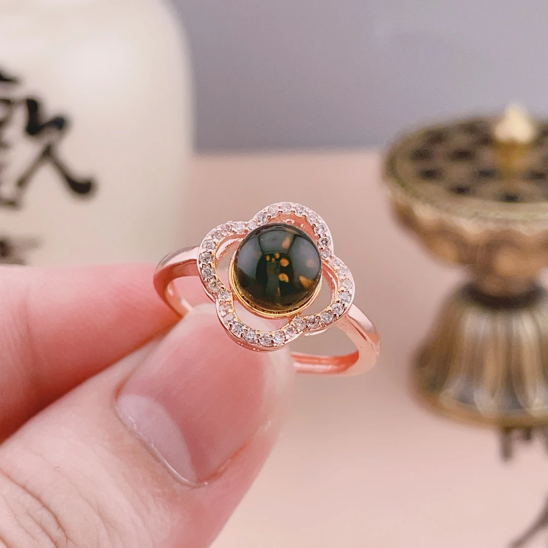 天然琥珀蓝珀女士戒指精致甜美四瓣花日常款复古简约气质时尚 F32