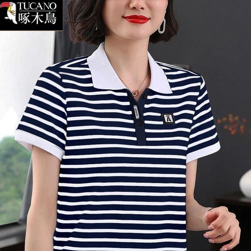 啄木鸟夏季短袖翻领条纹撞色女T恤2025年新款修身显瘦POLO衫上衣