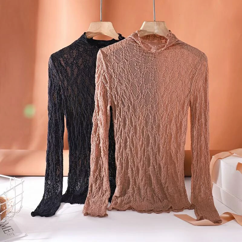 BN05037高领长袖鱼骨蕾丝打底衫精致气质时尚保暖百搭蕾丝内搭