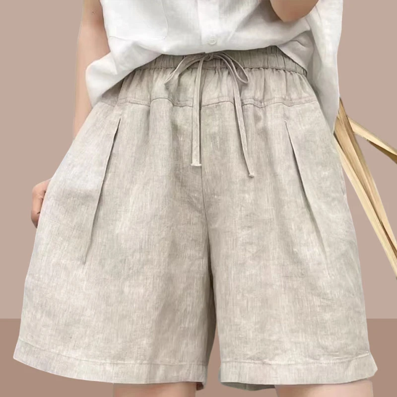 亚麻阔腿短裤女夏季时尚新款款系带松紧腰宽松显瘦a字休闲五分裤