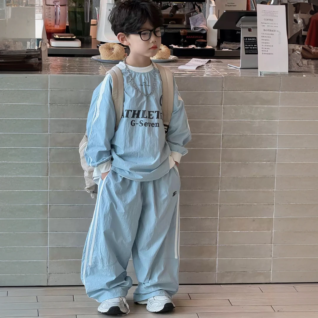 男童套装2025春秋新款宽松儿童字母套头防晒两件套男孩休闲运动装