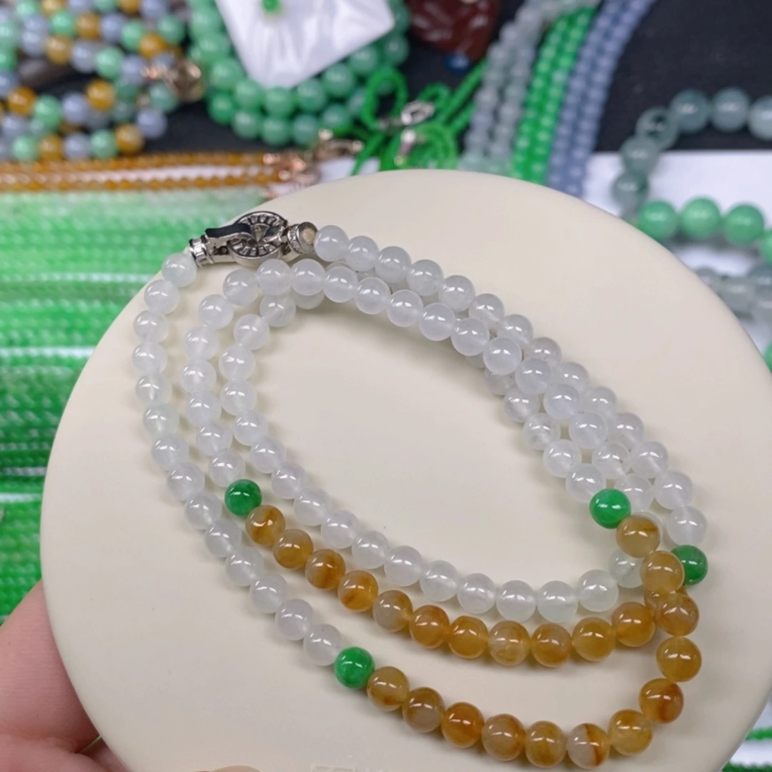 颈饰未镶嵌翡翠缅甸天然翡翠冰种三彩项链5.6