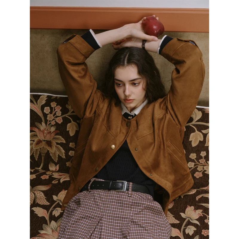 独束大码女装【温热可可】圆领复古短外套休闲风夹克25DS83304