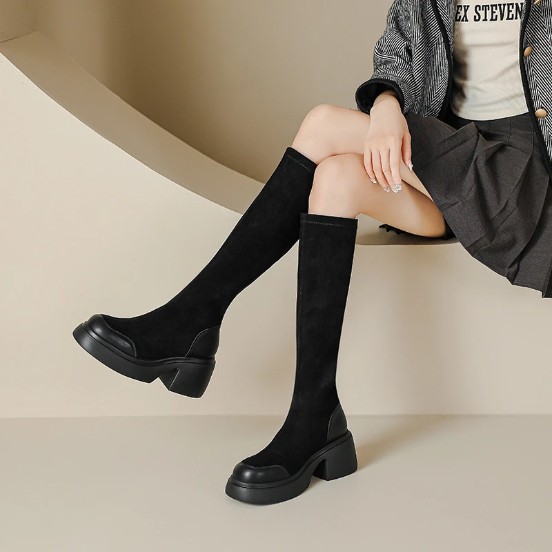 小个子增高不过膝弹力靴女2025冬季新款休闲百搭软底长筒靴弹力