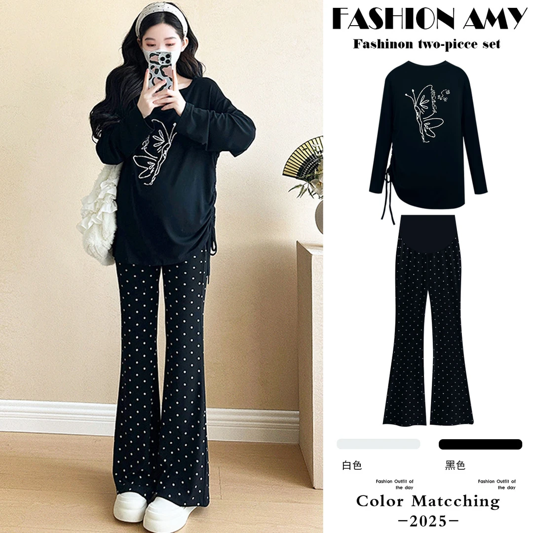 孕妇套装春装新款时尚韩版宽松简约抽绳上衣气质显瘦波点喇叭裤子