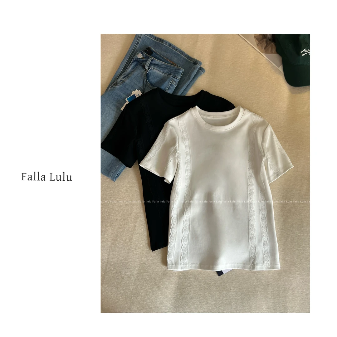 【蕾丝瘦瘦T】夏季圆领显瘦百搭T恤 Y5168