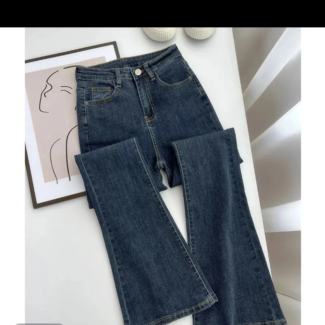 蓝灰色微喇牛仔裤女高腰弹力显瘦小个子马蹄喇叭裤春秋款