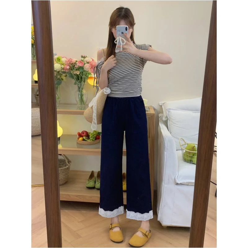 夏季不掉色蕾丝刺绣云感裤～松紧腰小个子弹力直筒奶奶裤