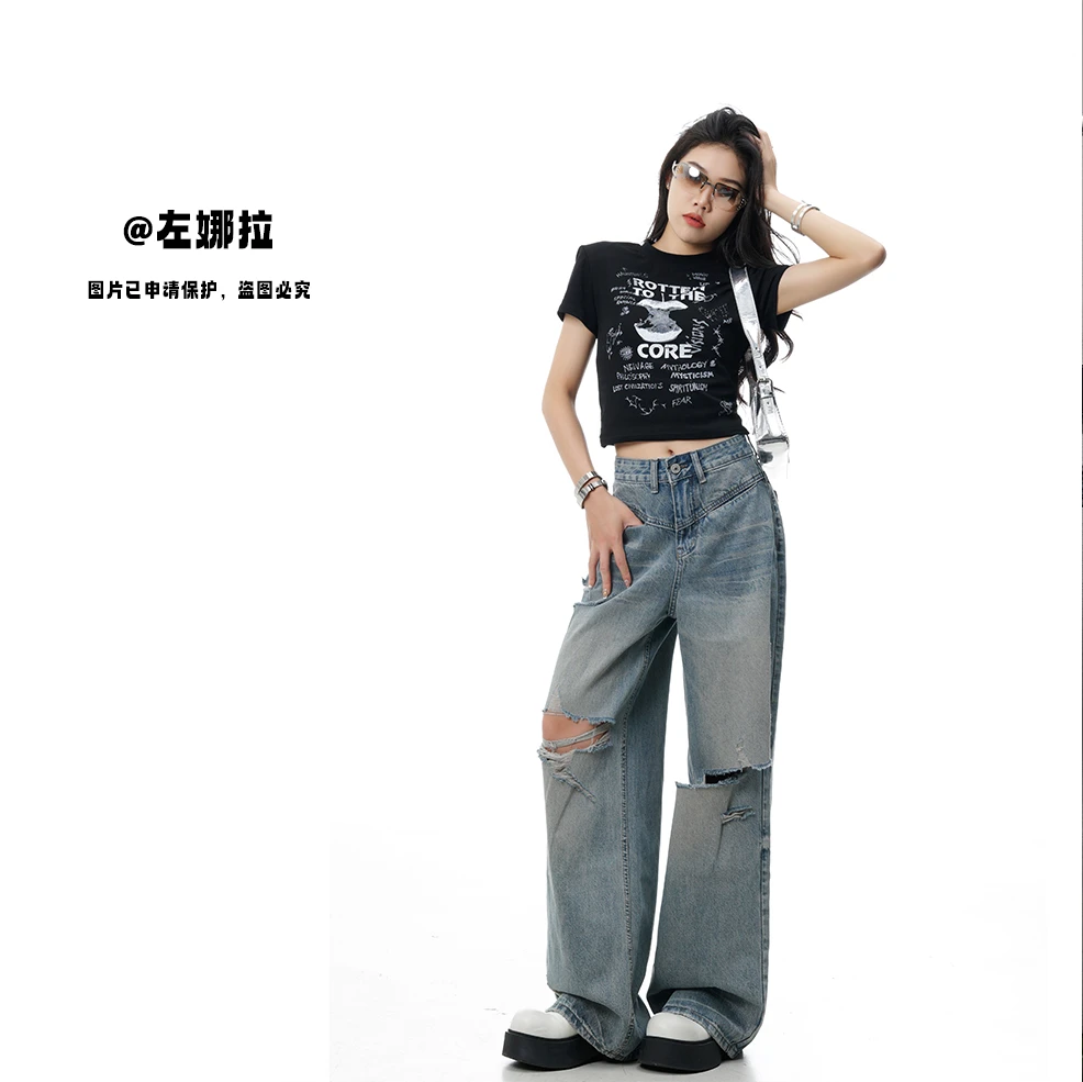 【Z77056】2025新款夏季水洗美式破洞直筒牛仔裤