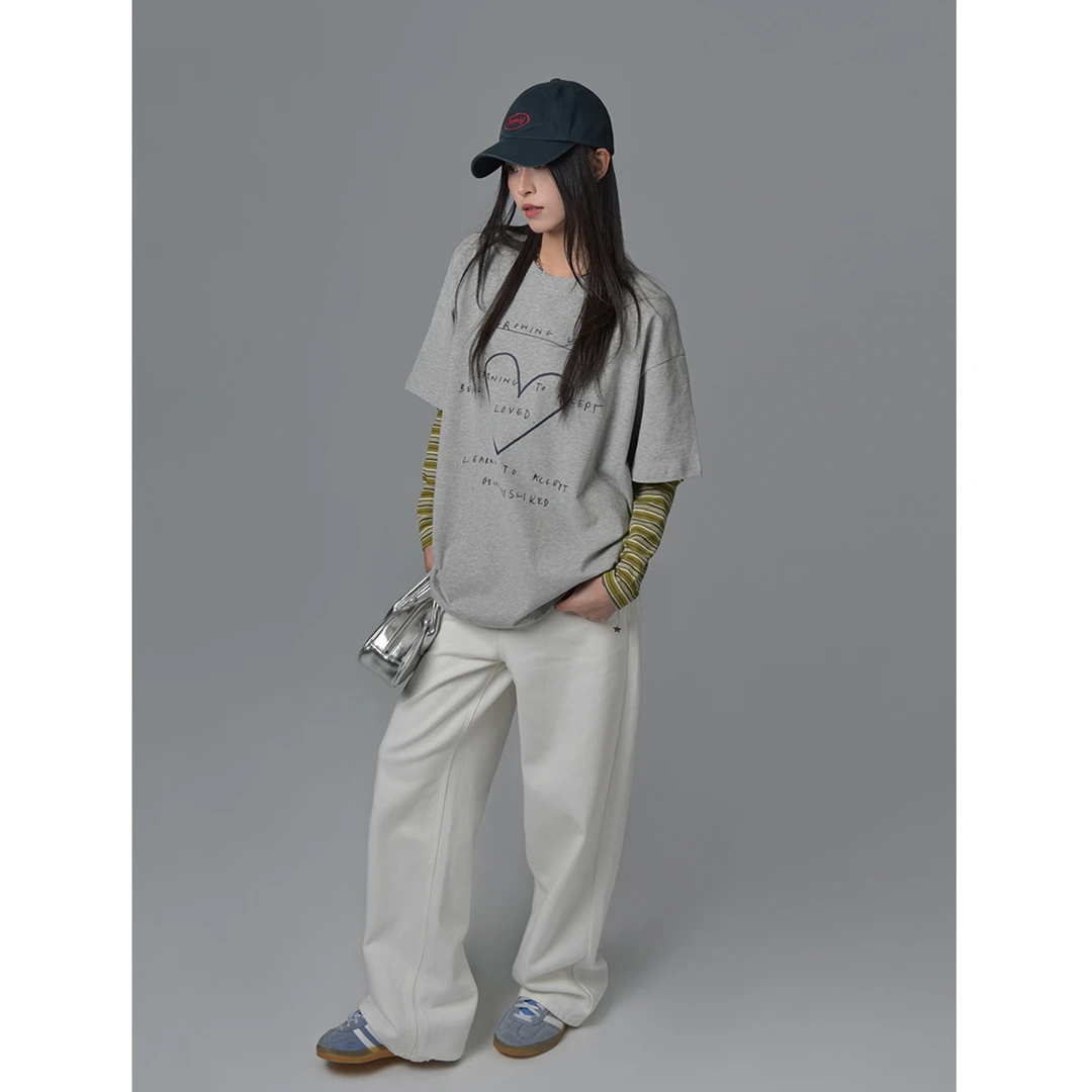 SIXI四喜家 创意文字趣味爱心印花短袖T恤女夏季简约休闲上衣Tee