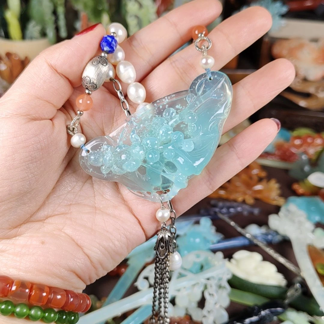 蛇纹石玉颈饰银S925镶嵌