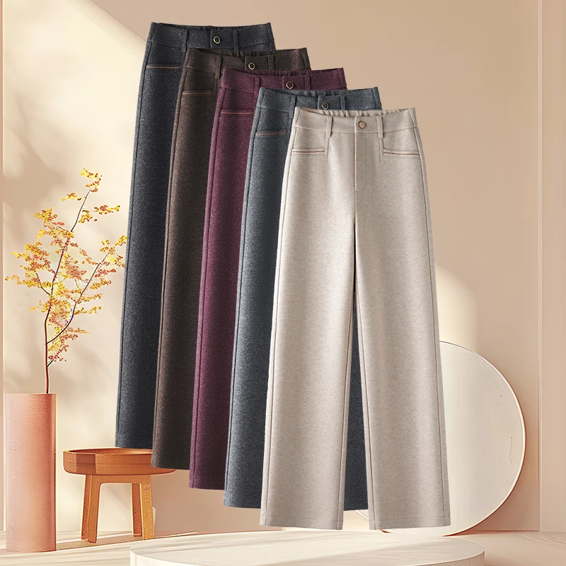 重磅加厚秋冬雪花羊毛呢加绒气质百搭时尚优雅直筒阔腿休闲裤